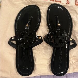 Tory Burch Miller Black Patent Logo Thong Sandals with Gold Studs